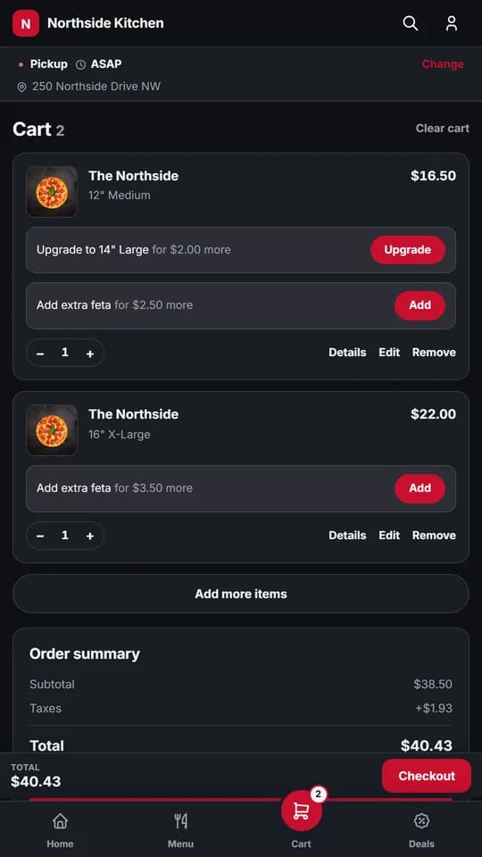The app cart — photos on every line, one-tap upgrades and add-on suggestions priced per size