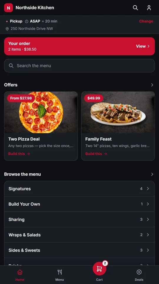 The demo brand's native app — deals, categories and a running order