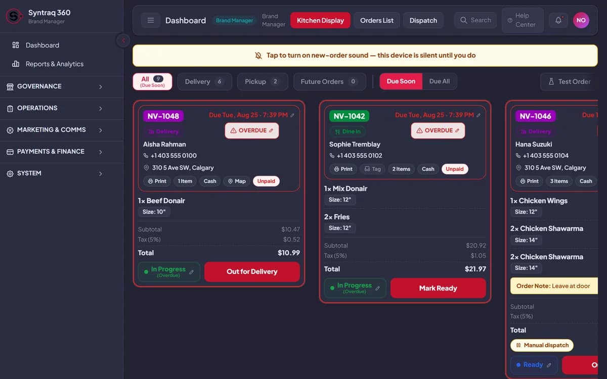 The live kitchen display — tickets with due times, items, totals and one-tap status
