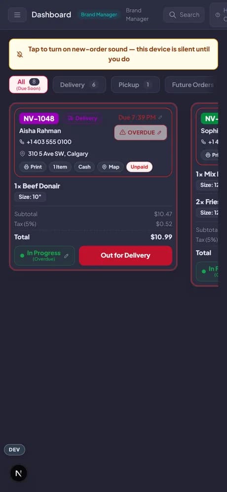 The same board on a phone, for a manager away from the pass